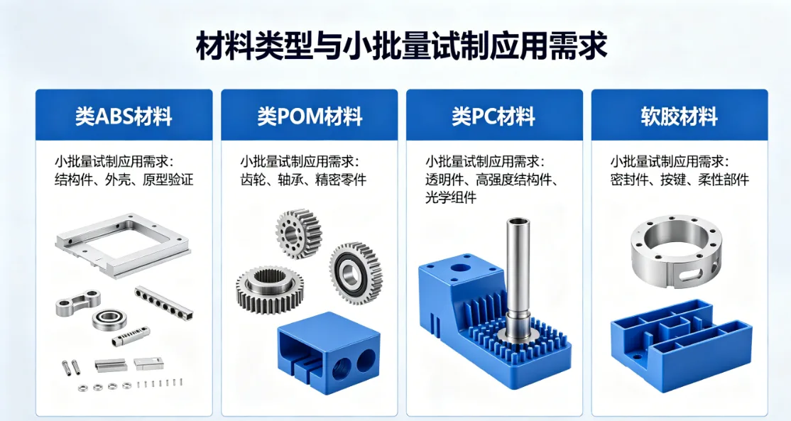 材料类型与小批量试制应用需求(类ABS、类POM、类PC与软胶)